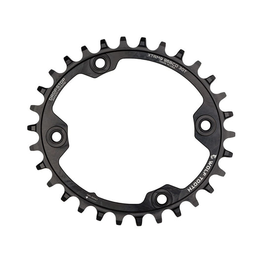 Plato ovalado monoplato WOLF TOOTH ELLIPTICAL de 96 BCD, 11 velocidades, para Shimano XTR M9000/9020, 4 agujeros, 96 mm, negro — vista del plato sobre fondo blanco