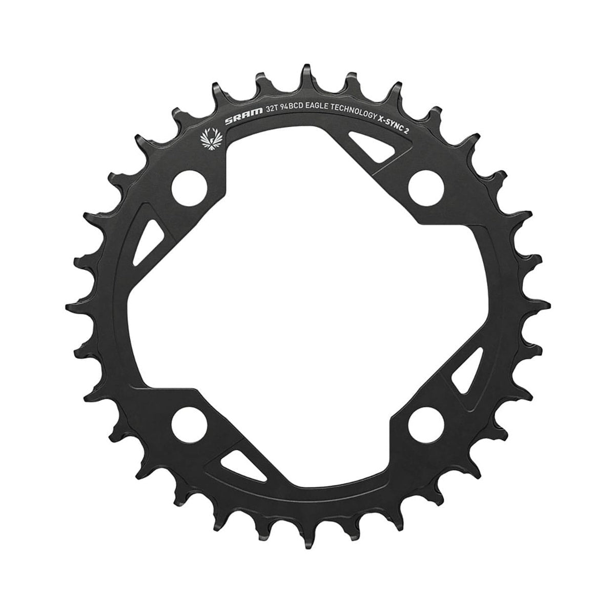Enkelt kedjedrev SRAM X-SYNC 2 94BCD EAGLE EMTB för 12 växlar, 4 bult, 94 mm — drevet mot vit bakgrund