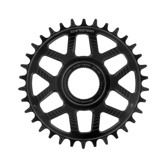 Plato monoplato E-THIRTEEN HELIX RACE E-SPEC 11/12 velocidades de montaje directo Fazua Ride 60, negro — vista del plato sobre fondo blanco