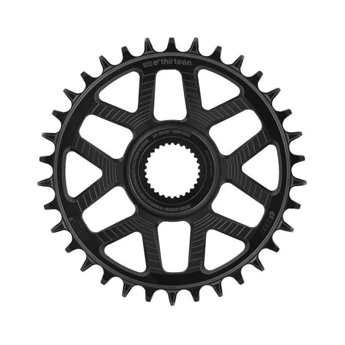 Prato único E-THIRTEEN HELIX RACE E-SPEC 11/12V de montagem direta Bosch Gen4, desvio de 13 mm, preto — vista do prato sobre fundo branco