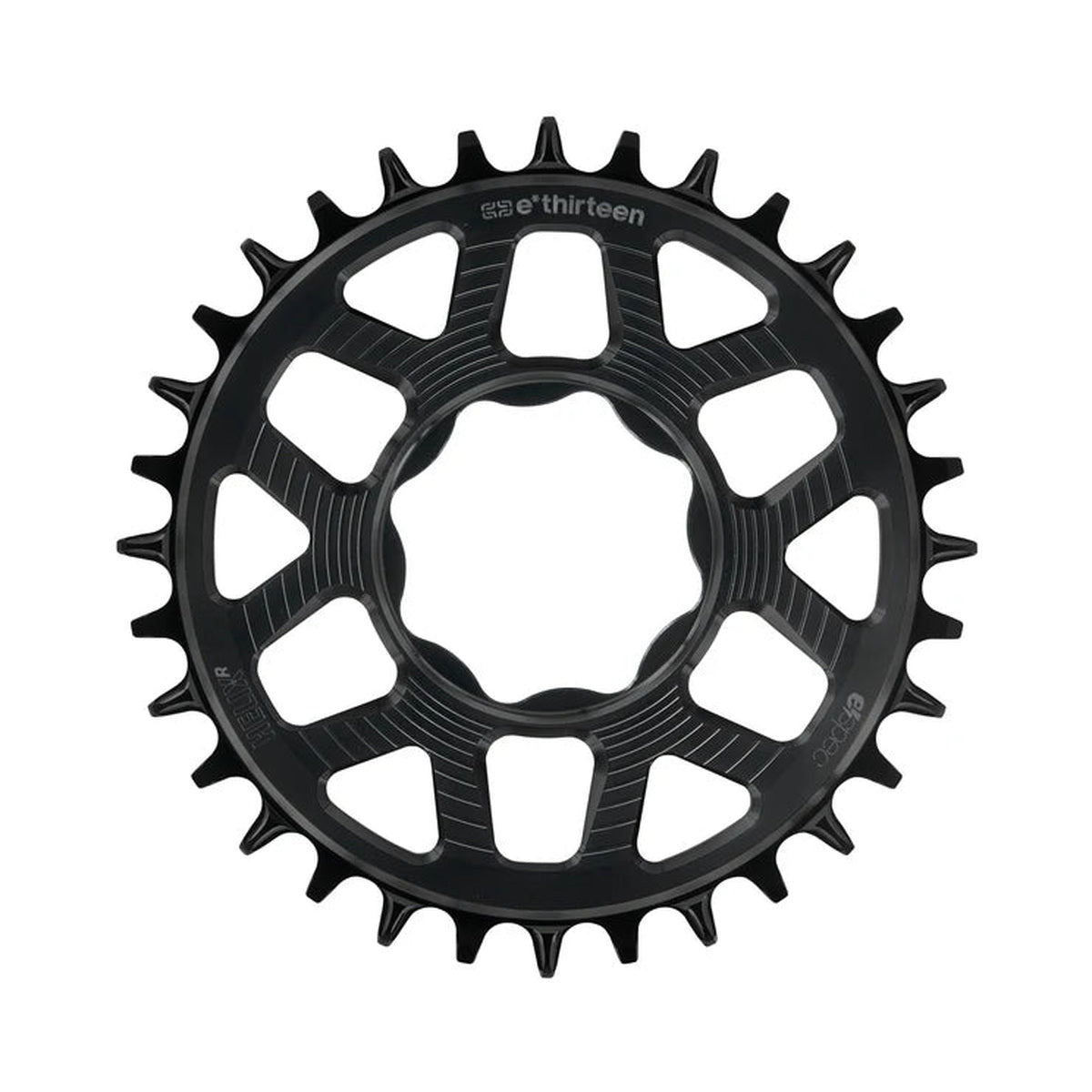 Prato único E-THIRTEEN HELIX RACE E-SPEC 11/12V de montagem direta TQ HPR50, preto — vista do prato sobre fundo branco