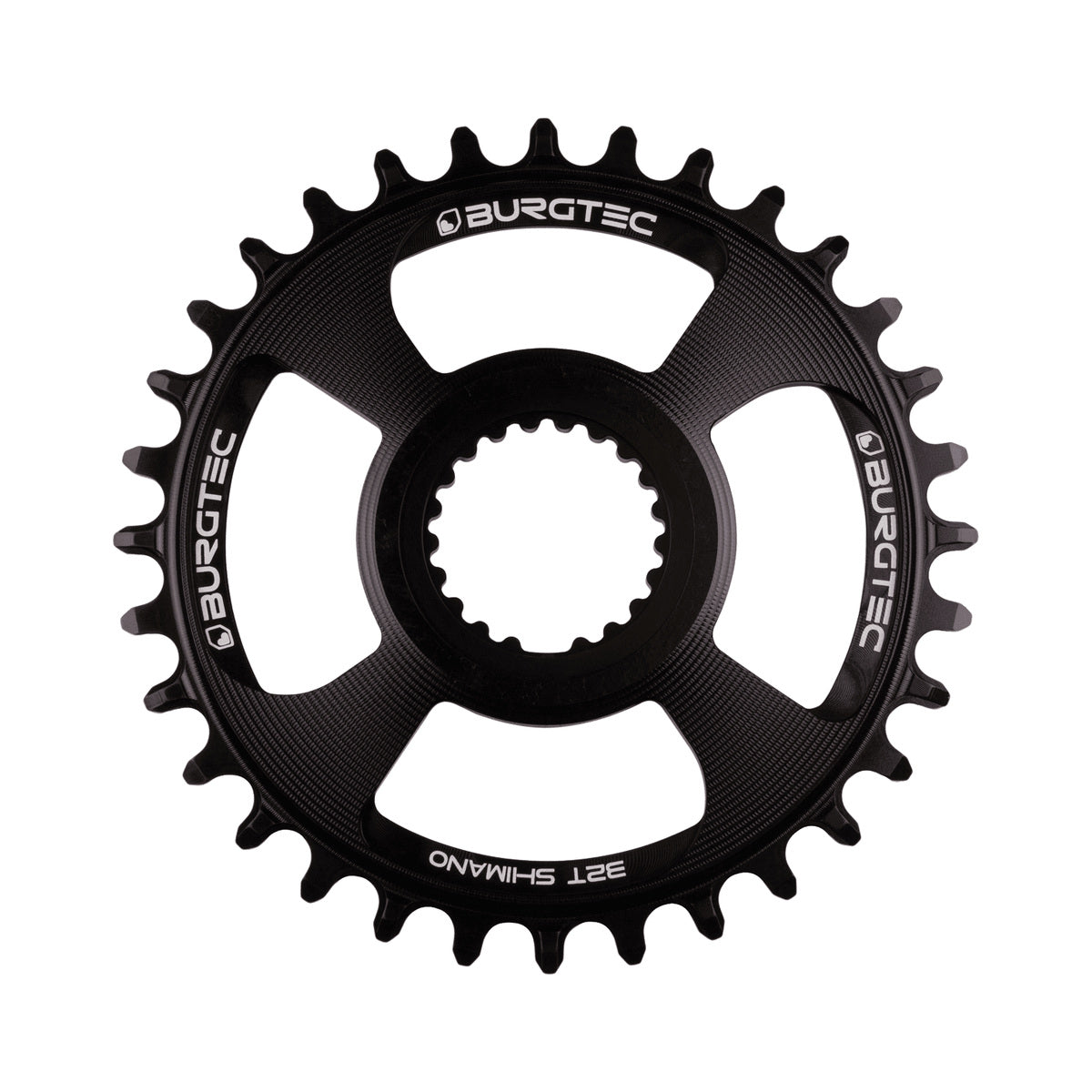 Corona monocorona BURGTEC THICK THIN 12 velocità Shimano a montaggio diretto, nera — vista della corona su sfondo bianco