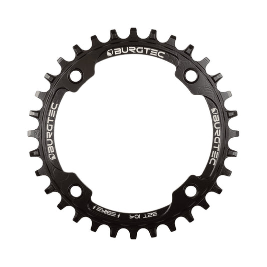 Plato monoplato BURGTEC E-BIKE THICK THIN exterior de 104 mm — vista del plato sobre fondo blanco