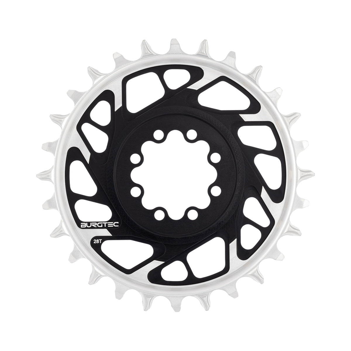 BURGTEC THICK THIN enkelklinga för 12 växlar, Boost, direktmontering med 8 skruvar, T-Type Narrow Wide, 3 mm offset, svart — klingan mot vit bakgrund