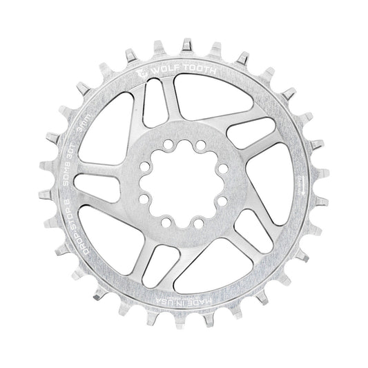 Plato monoplato WOLF TOOTH DROP-STOP B de montaje directo, 8 tornillos, Sram Eagle Boost, desplazamiento de 0 mm, plata sin pulir — vista del plato sobre fondo blanco