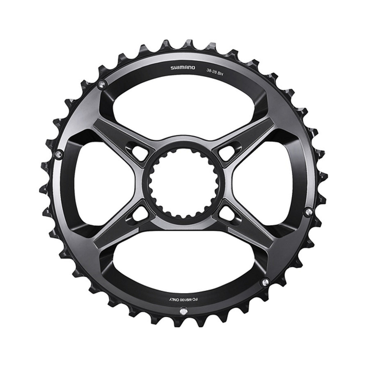 Corona esterna SHIMANO XTR per FC-M9100-2 (28-38 denti) 12 velocità — vista della corona su sfondo bianco
