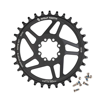 Plato único WOLF TOOTH 12V SRAM de montaje directo con 8 tornillos y desplazamiento de 3 mm — vista del plato sobre fondo blanco