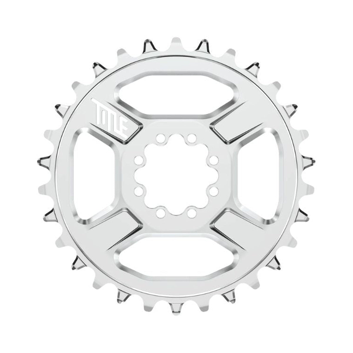 Corona TITLE CR1 12 velocità SHIMANO a montaggio diretto con 8 viti, cromata — vista della corona su sfondo bianco