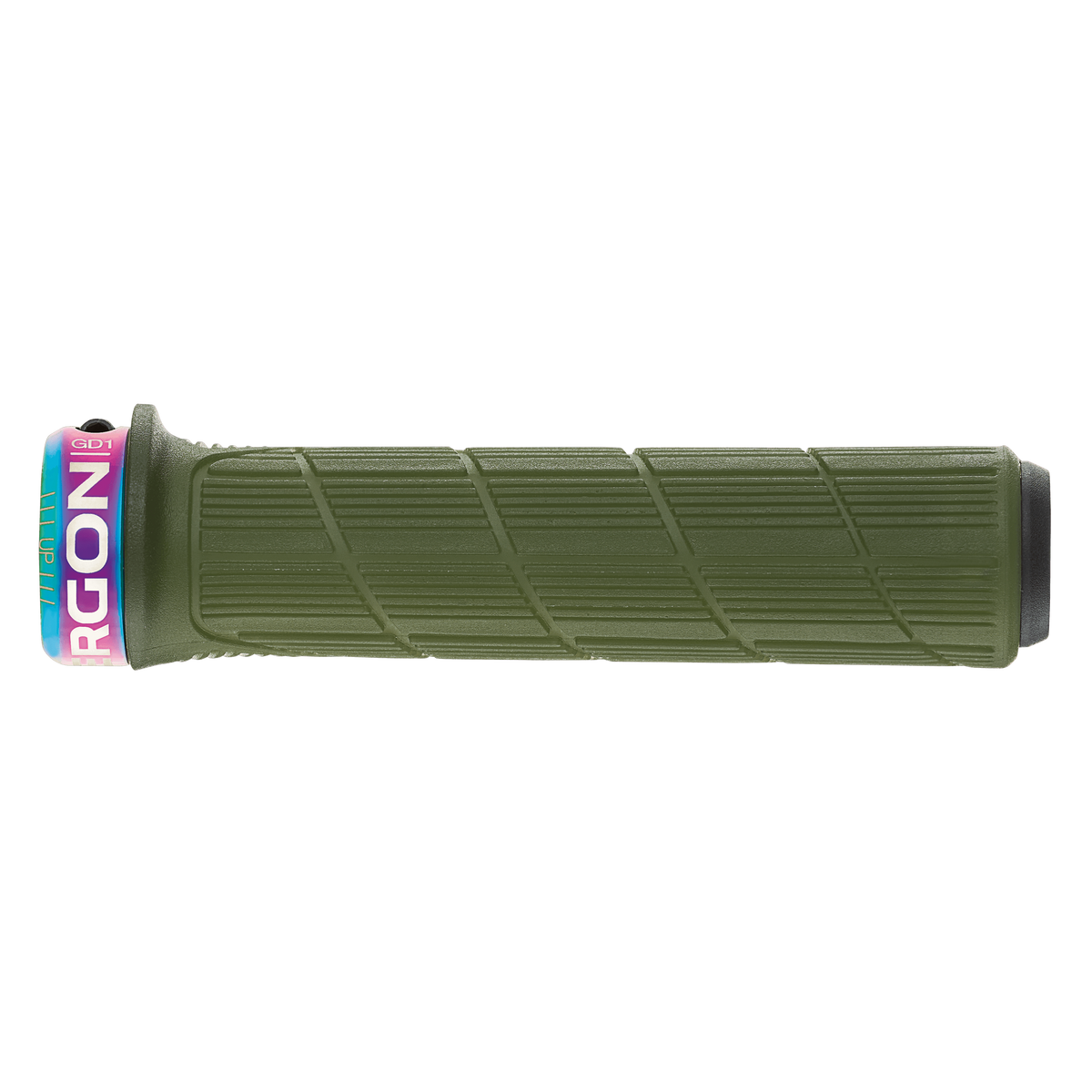 Gripy ERGON GD1 EVO Slim Factory zelené Moss Frozen s objímkami Oil Slick – detail