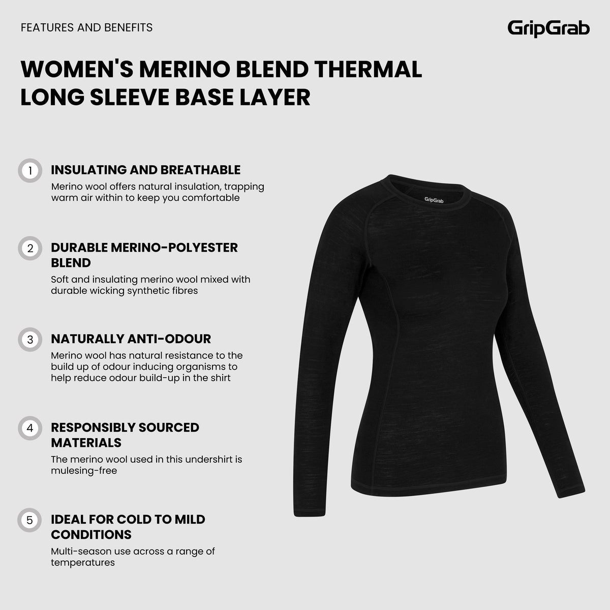 Camiseta interior térmica de manga larga para mujer GRIPGRAB MEZCLA DE MERINO negra
