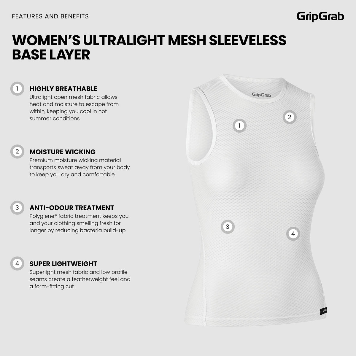GRIPGRAB ULTRALIGHT MESH Women’s Sleeveless Base Layer White