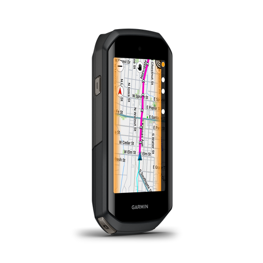 Compteur GPS GARMIN EDGE 1050 — vue de trois quarts, navigation cartographique