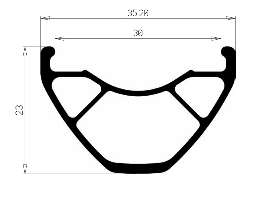 Fälgprofil HOPE FORTUS 30 W: ytterbredd 35,2 mm, innerbredd 30 mm, höjd 23 mm