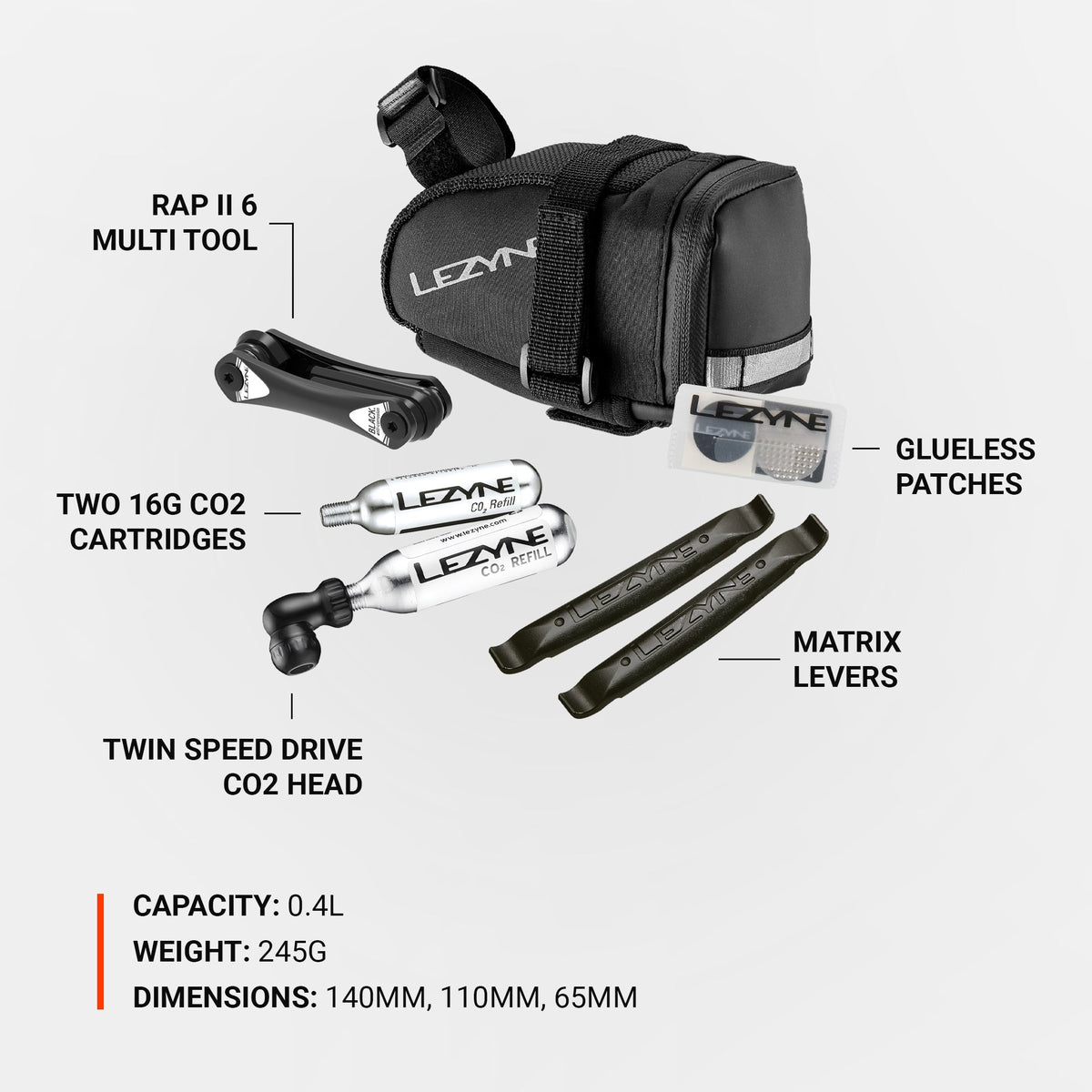 Sadelväska LEZYNE Caddy svart med CO2-kit