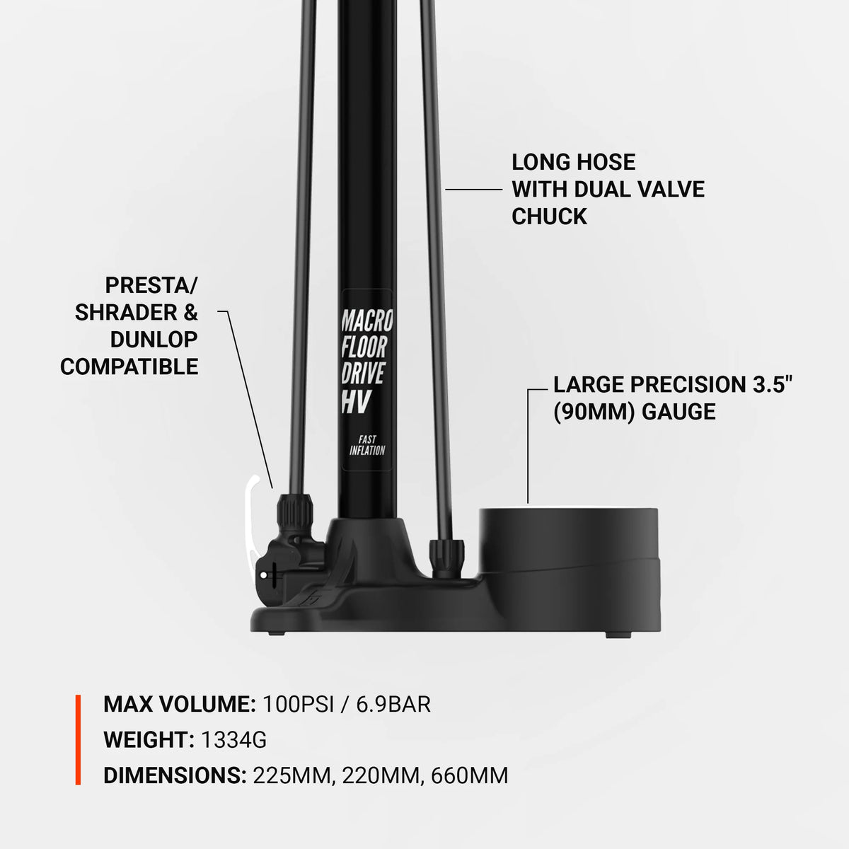 Črna talna tlačilka LEZYNE MACRO HV FLOOR DRIVE DV