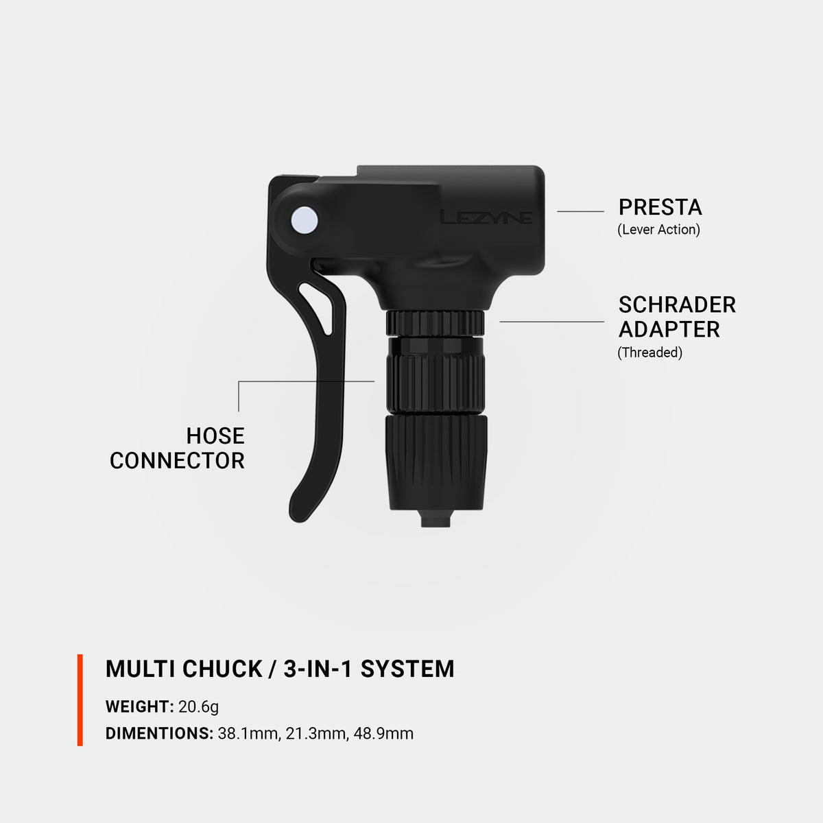 Črn nastavek za različne ventile LEZYNE MULTI CHUCK