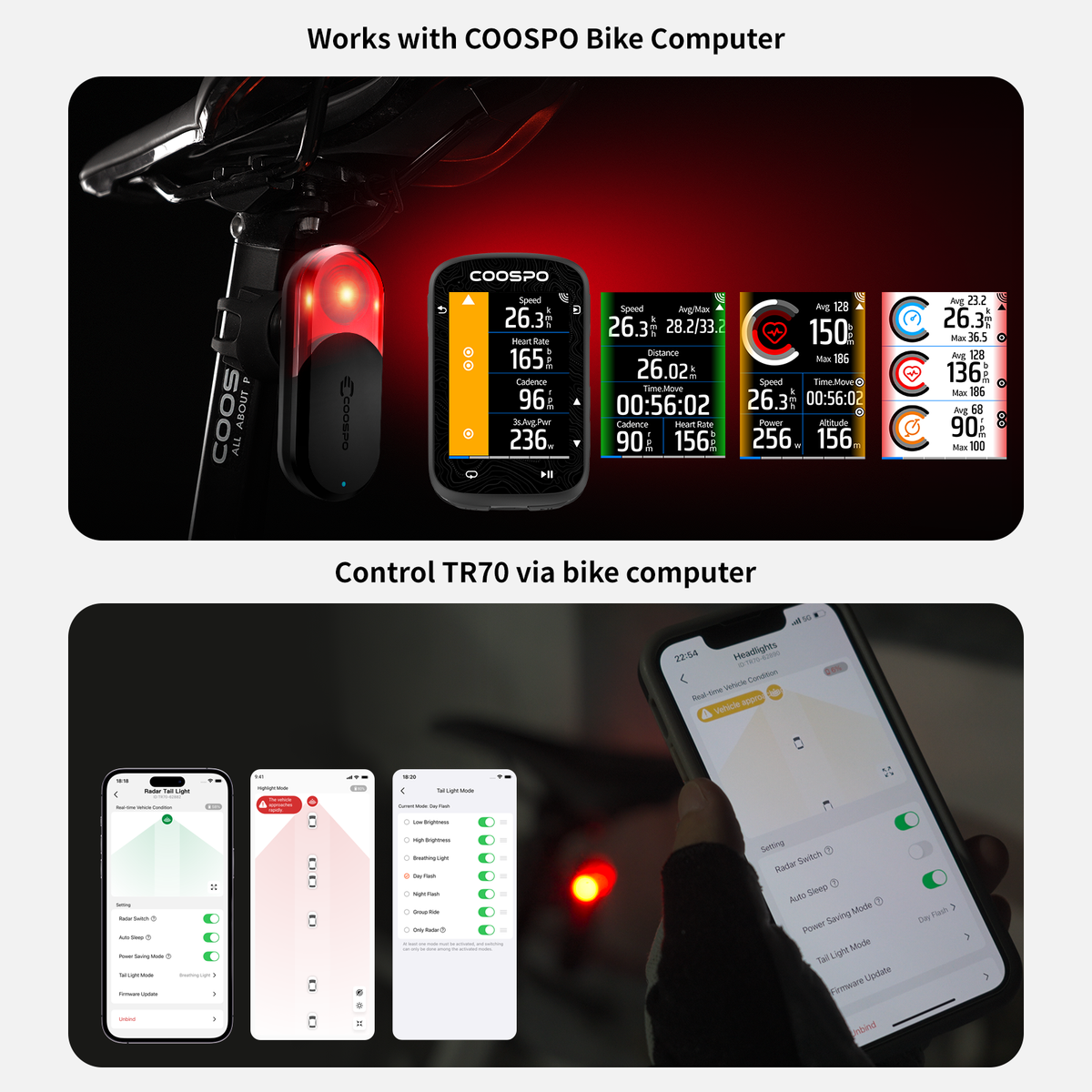 COOSPO TR70 Luz Trasera con Radar