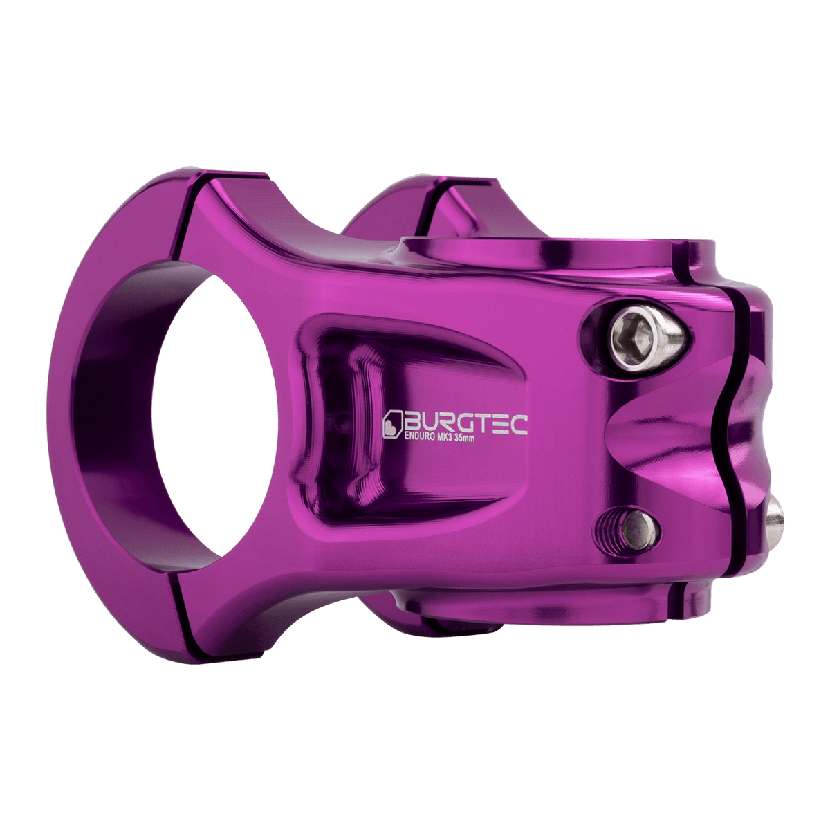 Attacco manubrio BURGTEC ENDURO MK3 viola — vista posteriore a tre quarti