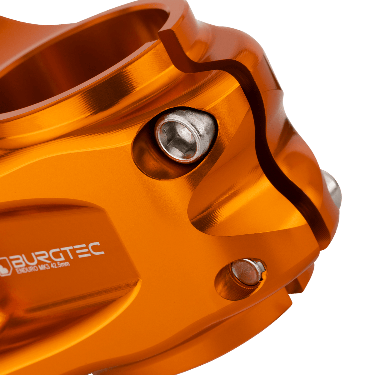 BURGTEC ENDURO MK3 stem in orange — steerer clamp detail