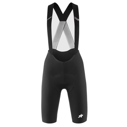 Korte fietsbroek met bretels ASSOS DYORA R S11 voor dames, zwart — witte achtergrond, 2000 x 2000