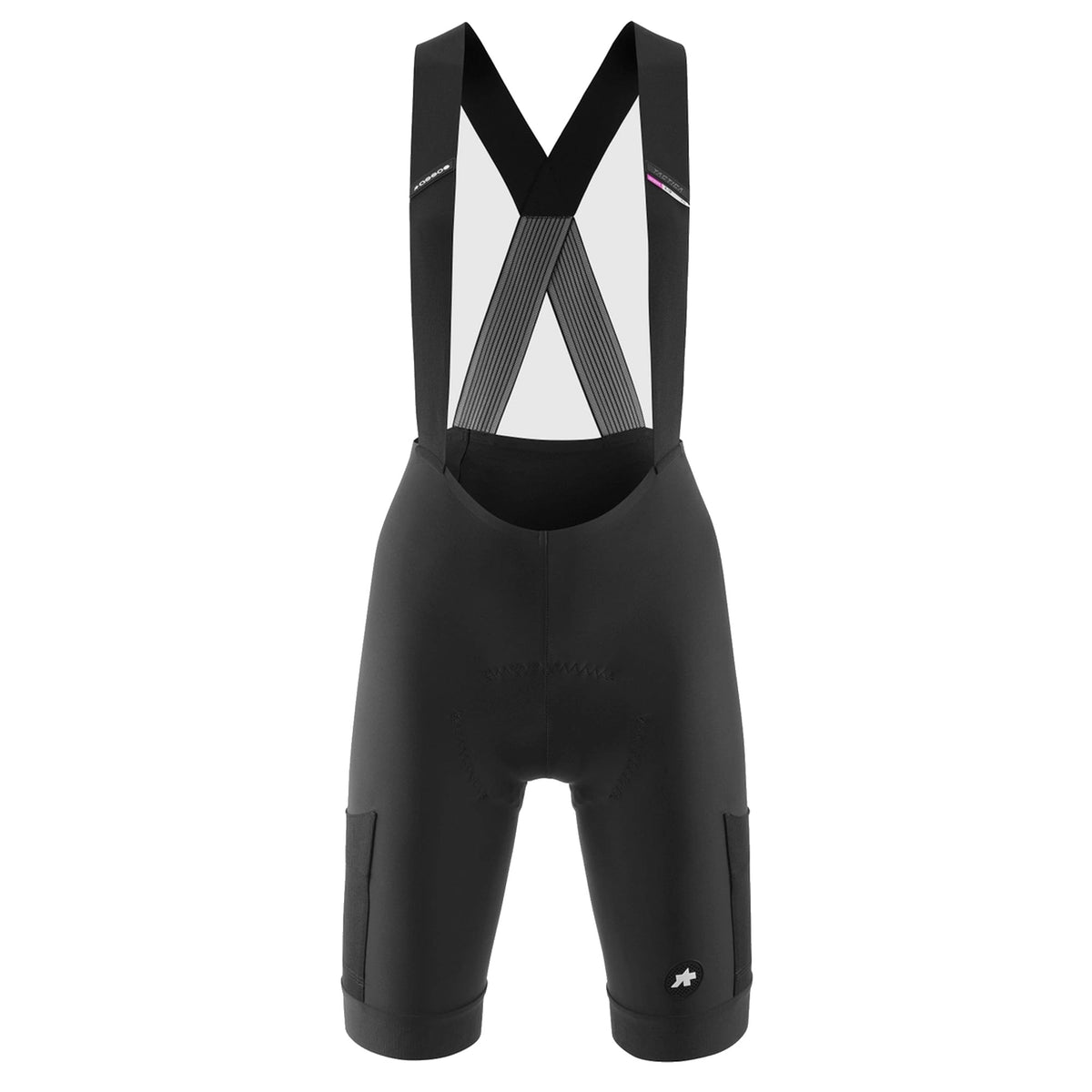 ASSOS TACTICA KIESKAFER T5 GRAVEL -lyhyet olkaimelliset naisten pyöräilyhousut, musta — valkoinen tausta, 2000 x 2000