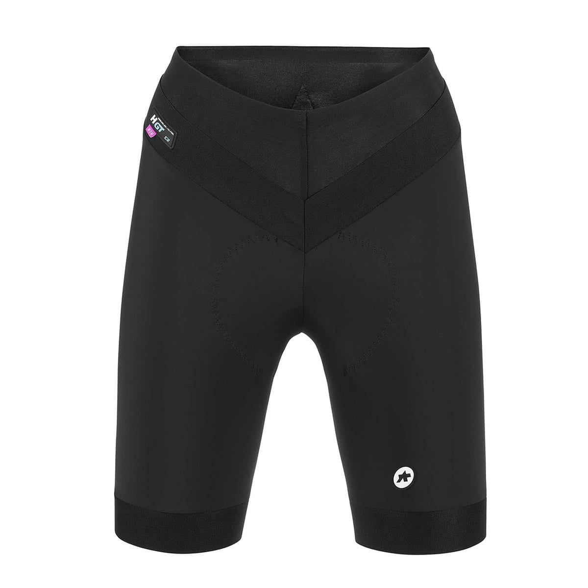 Calções de ciclismo curtos ASSOS UMA GT C2 para mulher, pretos — fundo branco, 2000 x 2000