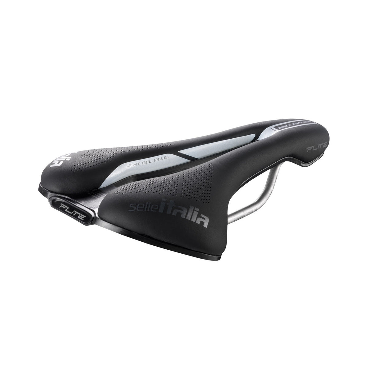 Siodełko SELLE ITALIA FLITE BOOST SUPERFLOW ENDURANCE L z prętami Ti 316, czarne — widok z perspektywy trzech czwartych