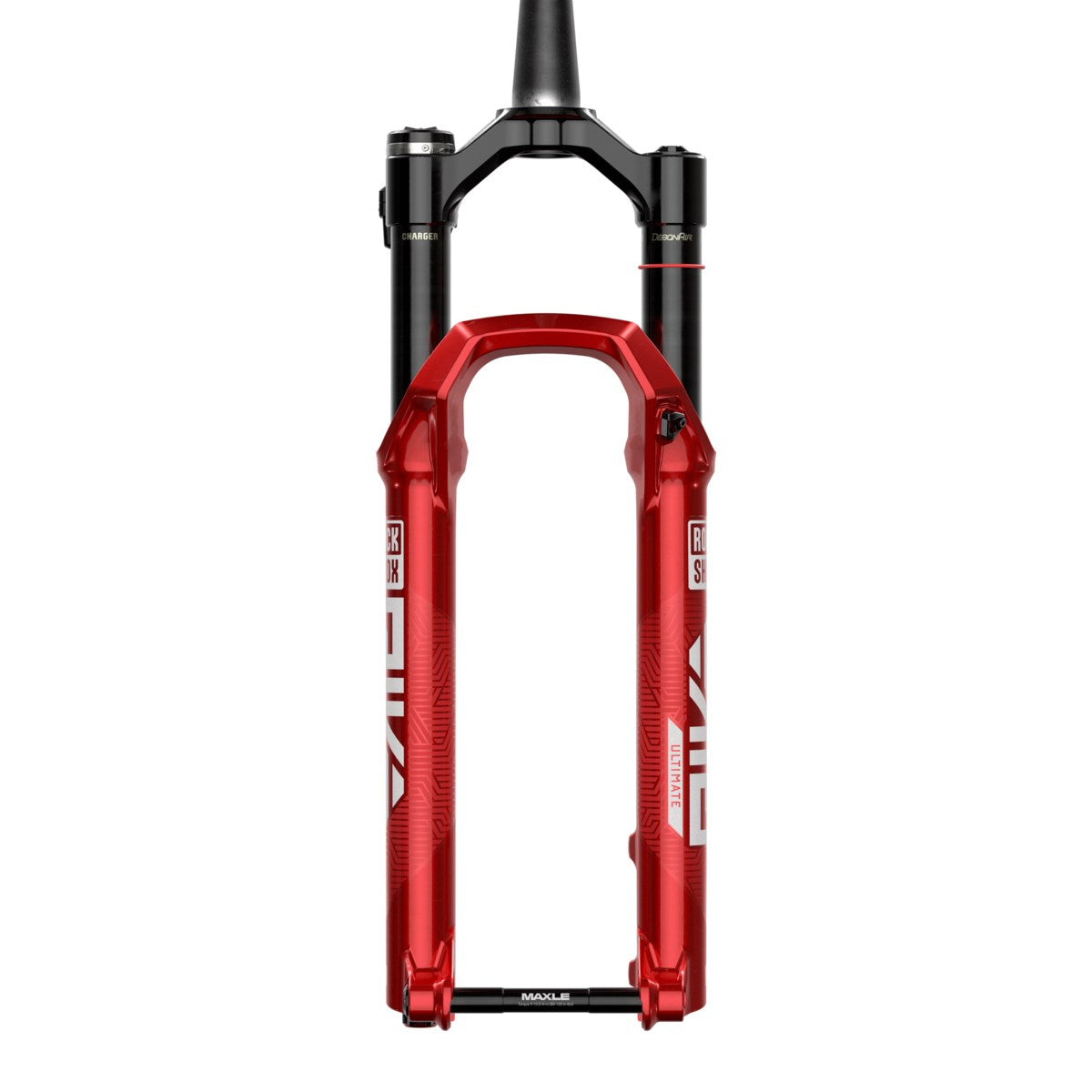 Sarkana ROCKSHOX PIKE ULTIMATE FLIGHT ATTENDANT velosipēda dakša – skats no priekšpuses