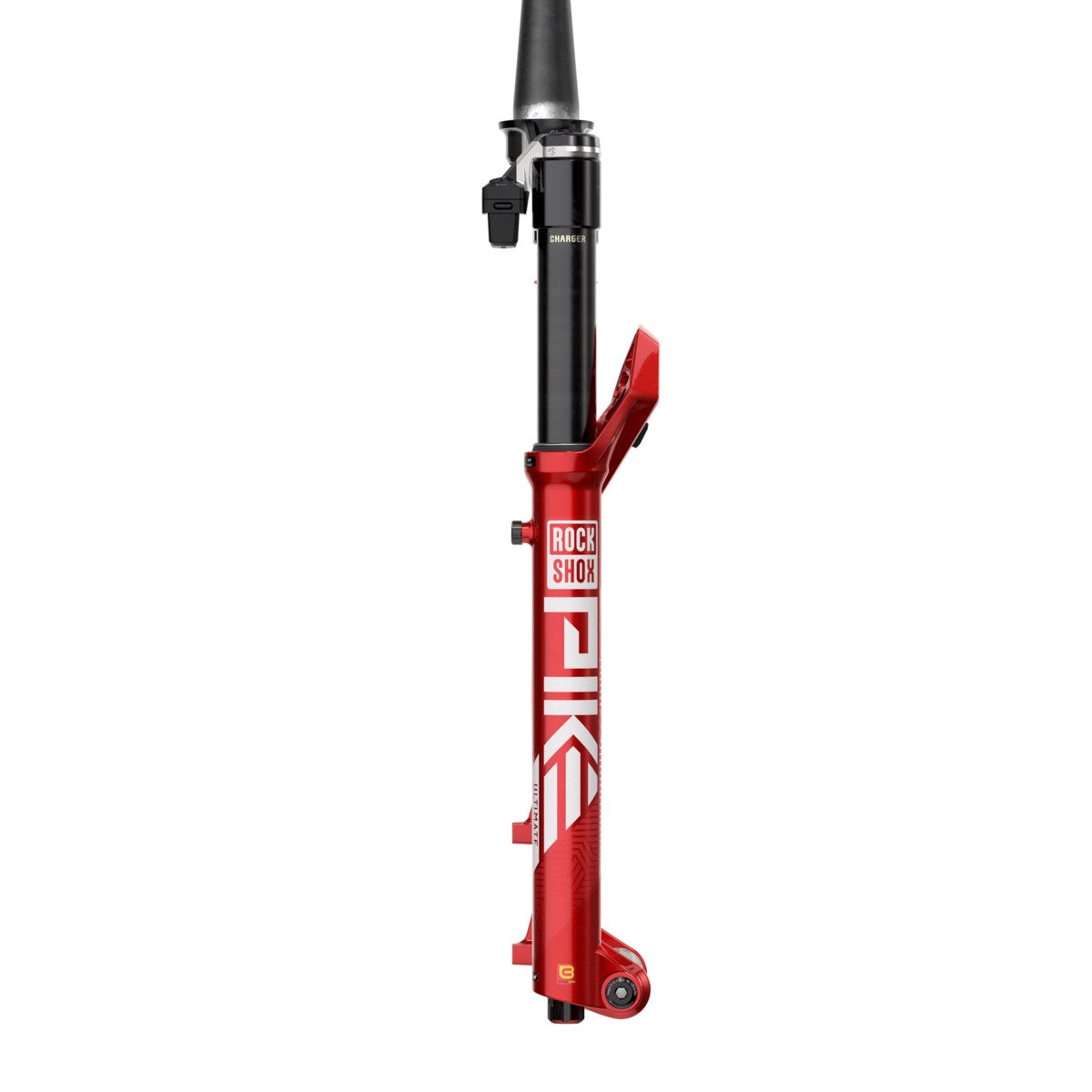 Sarkana ROCKSHOX PIKE ULTIMATE FLIGHT ATTENDANT velosipēda dakša – skats no sāniem