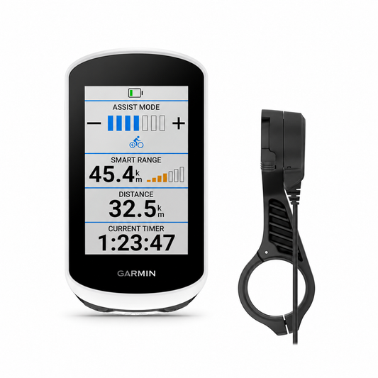 GARMIN EDGE EXPLORE 2 POWER gps-pakket met stroomvoorzienende houder — pakket en accessoires op een witte achtergrond