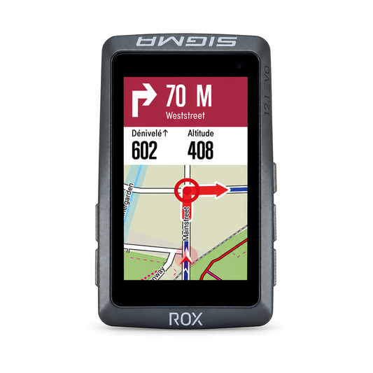 Licznik rowerowy GPS SIGMA ROX 12.1 EVO Basic, czarny — widok z przodu na białym tle