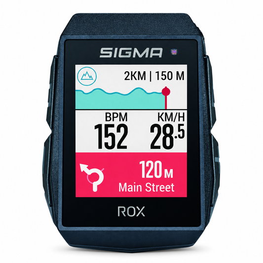 Licznik rowerowy GPS SIGMA ROX 11.1 EVO, czarny — widok z przodu na białym tle