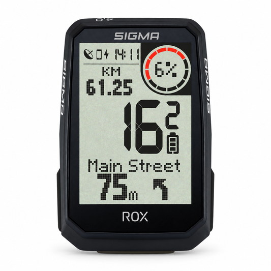 Licznik rowerowy GPS SIGMA ROX 4.0 ENDURANCE, czarny — widok z przodu na białym tle
