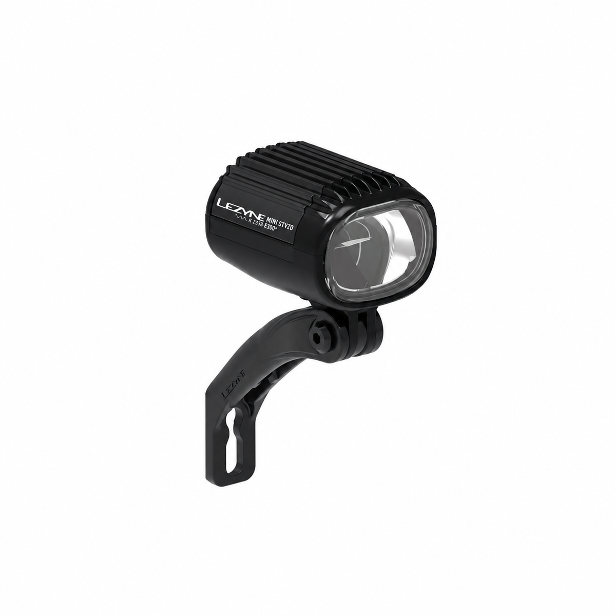 Lampă față LEZYNE E-BIKE E-MINI STVZO E300+ neagră — produs pe fundal alb