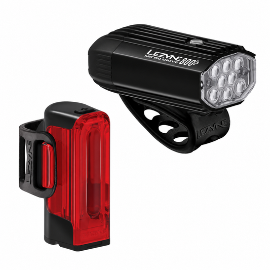 LEZYNE MICRO DRIVE 800+ / STRIP DRIVE 300+ voor- en achterlicht — producten op witte achtergrond