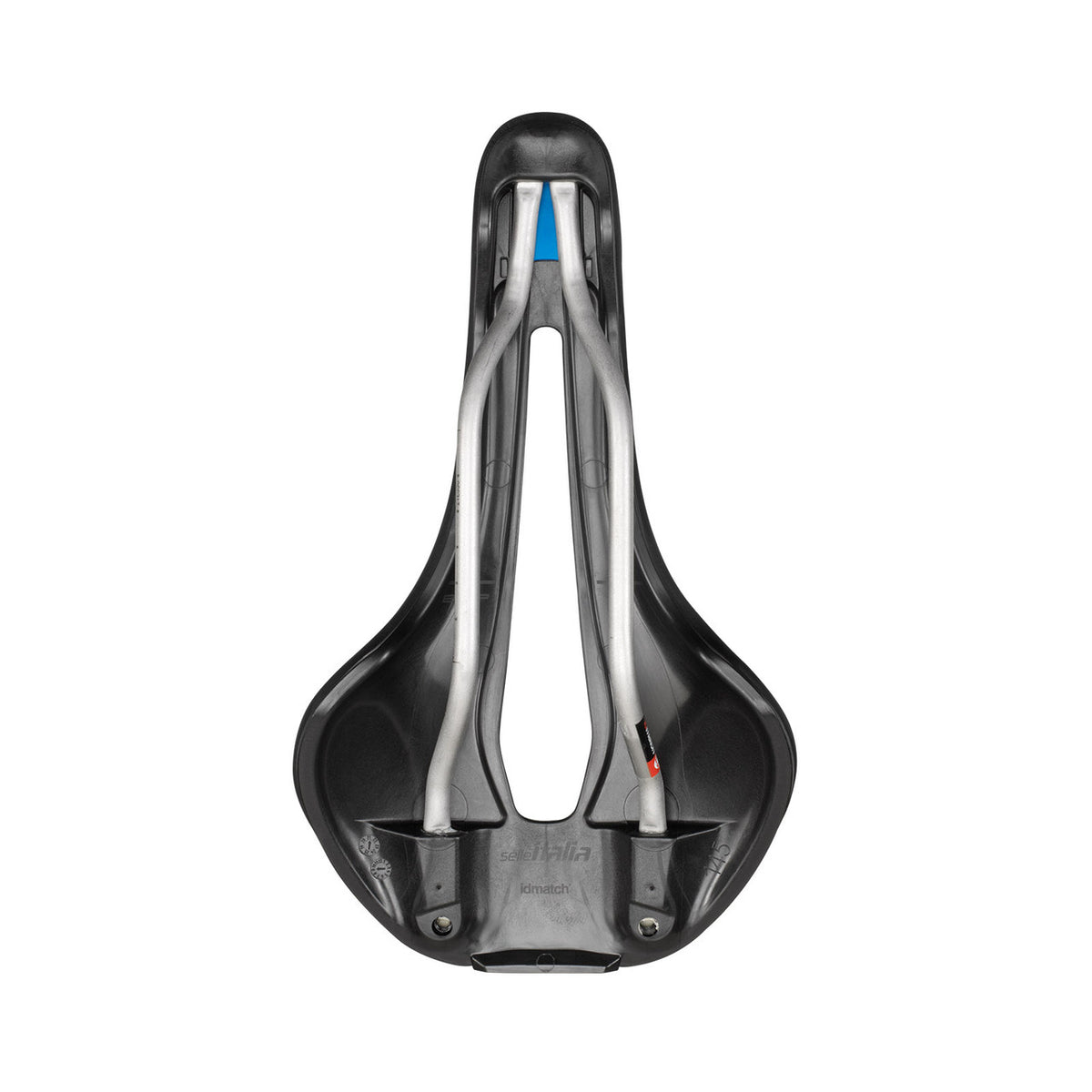 Czarne siodełko SELLE ITALIA FLITE BOOST SUPERFLOW ENDURANCE L z prętami Ti 316 — widok od spodu i pręty Ti316