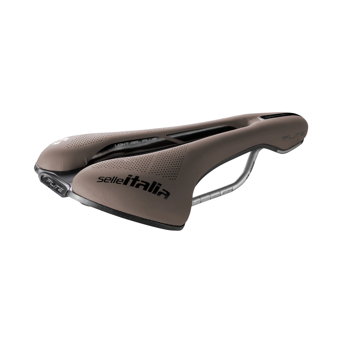 Siodełko SELLE ITALIA FLITE BOOST GRAVEL SUPERFLOW L3 z prętami TI 316, brązowe — widok pod kątem, kolor brązowy, L3