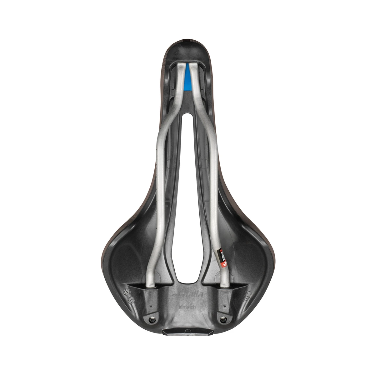 Siodełko SELLE ITALIA FLITE BOOST GRAVEL SUPERFLOW L3 z prętami TI 316, brązowe — widok od spodu i pręty Ti316, L3