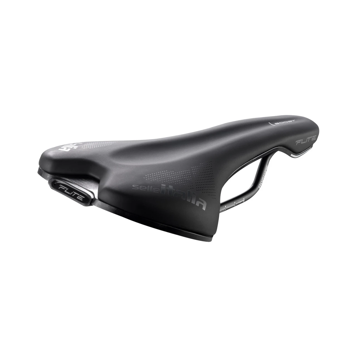 Sella SELLE ITALIA FLITE BOOST TM S con binari in manganese nera — vista a tre quarti