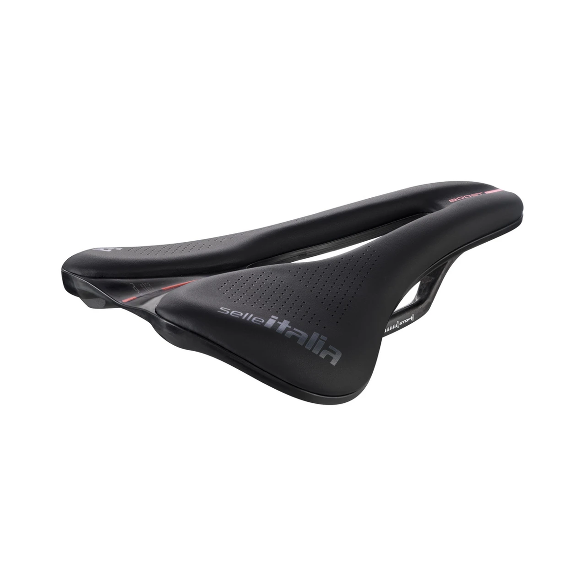 Sillín SELLE ITALIA NOVUS EVO BOOST SUPERFLOW L KIT CARBONIO L con raíles de carbono negro — vista de tres cuartos
