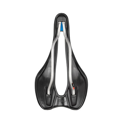 Siodełko SELLE ITALIA SLR BOOST ENDURANCE SUPERFLOW S z prętami Ti316, czarne — widok od spodu i pręty Ti316