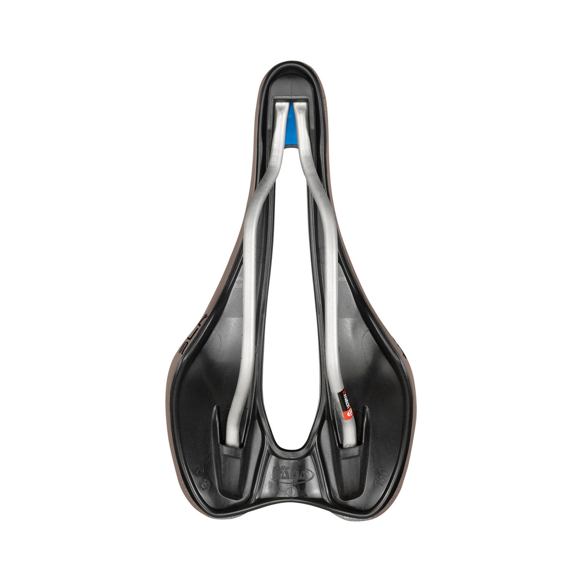 Siodełko SELLE ITALIA SLR BOOST GRAVEL SUPERFLOW S z prętami TI316, brązowe — widok od spodu i pręty Ti316, S3