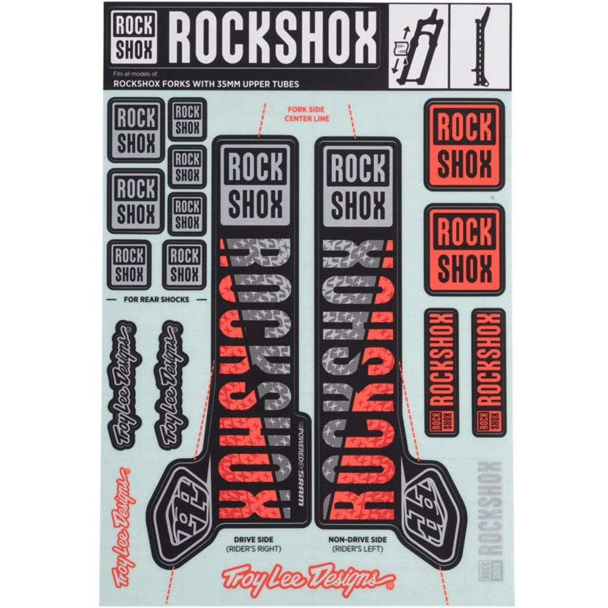 ROCKSHOX TROY LEE DESIGNS 35 mm MY18 šakės lipdukų rinkinys, skirtas PIKE/LYRIK/YARI/DOMAIN/REVELATION, sidabrinis/oranžinis #00.4318.021.001